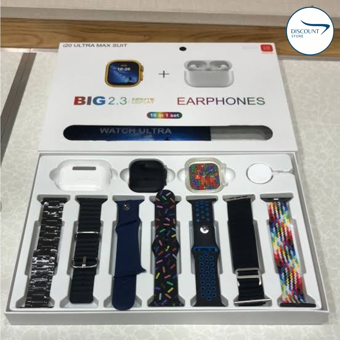 I20 Ultra Watch Max Suit Smart Watch + Earbuds (10 in 1 Set)